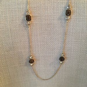 Ann Taylor Gold, Crystal, & Brown Long Necklace